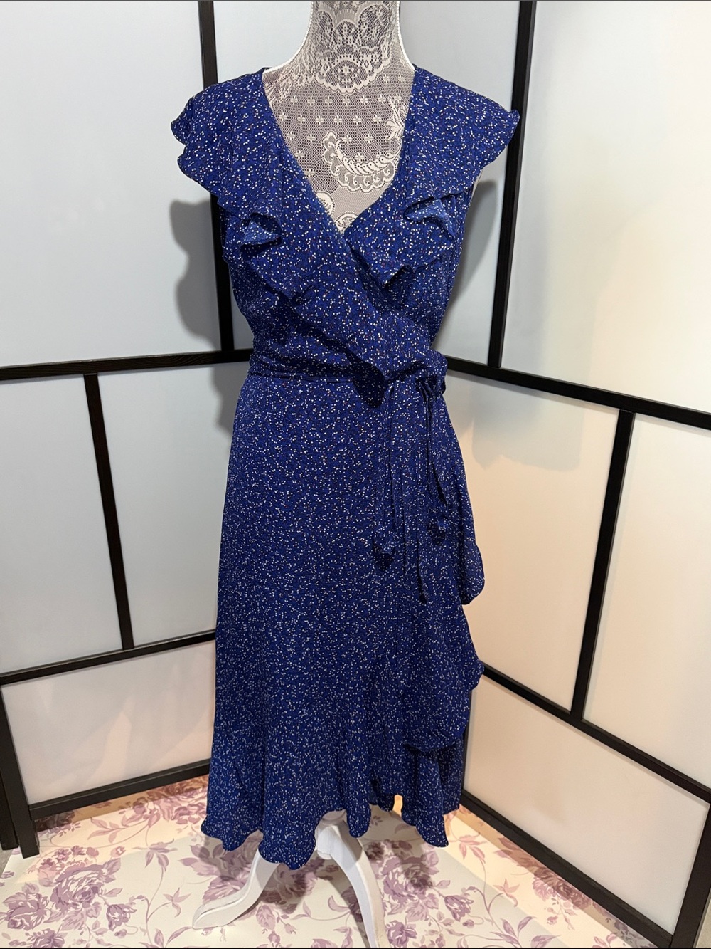 Max Studio Navy Blue Speckled Ruffle Wrap Midi Dress